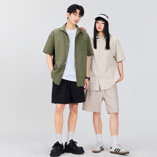 名创优品（MINISO）男士衬衫夏季冰丝凉感简约短袖t恤青少年痞帅抗皱衬衣 棕榈绿 L
