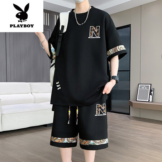 花花公子（PLAYBOY）2025年夏季新款中国风时尚休闲男士套装圆领短袖T恤短裤两件套潮 【短.袖套装】6195 米白色 L (建议115-130斤)
