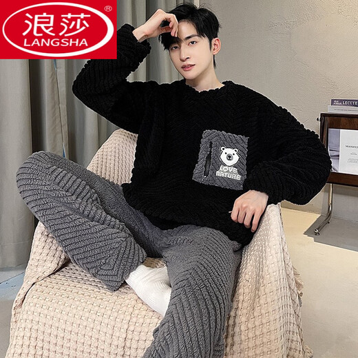Langsha Coral Fleeme Pajamas Мужская осень и зима плюс флисовая утолщенная теплое подростка для мальчиков фланелевая домашняя одежда набор 3882 Письмо перьев мужской стиль L