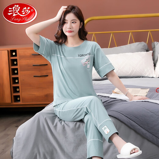 Langsha Pyjamas haut de gamme pour femmes coton pur 2025 Nouveau pantalon à manches courtes vêtements pour la maison pour le costume de coton mince 7374 Green M 80-100jin [Jin est égal à 0,5 kg]