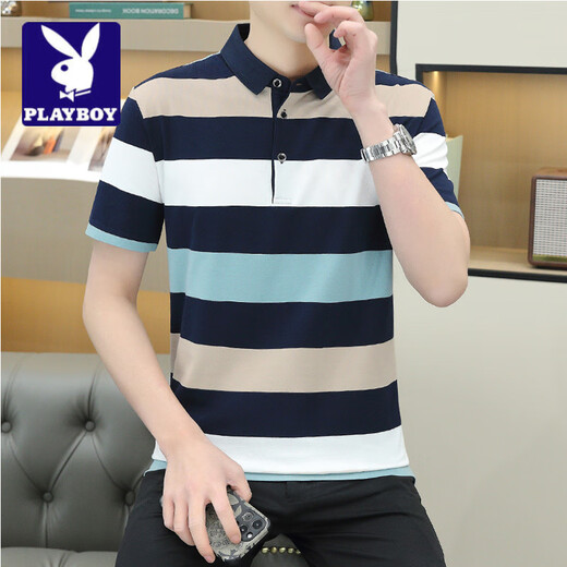 Playboy; PLAYBOY high-end striped short-sleeved T-shirt for men 2025 summer new lapel half-sleeved classic casual simple handsome top for men al833 light blue M