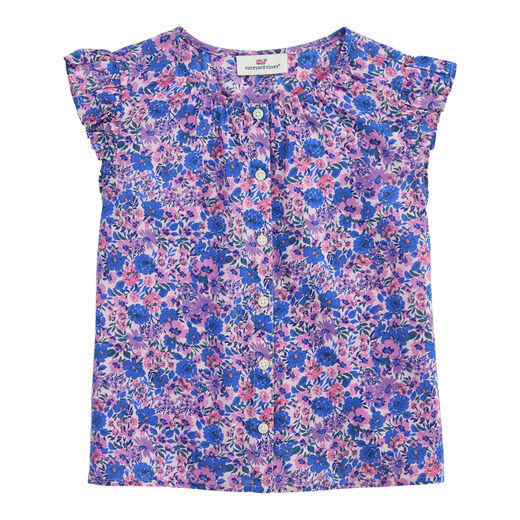 Vineyard vines girls ruffle sleeve shirt, comfortable cotton, solid color and versatile, Helen Flower M