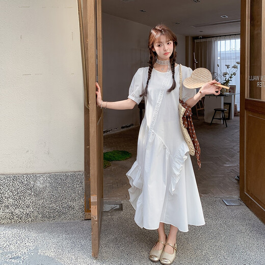 Yuan nacionalidad Diseño con volantes Falda irregular para mujeres en verano 2025 Nuevo francés romántico pequeño vestido largo 6627 leche blanca l