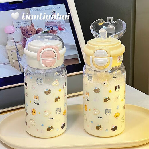 High-looking 2025 girls plastic cup summer water cup new portable double lid double drink cute student campus cup white dog 600ml