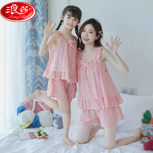 LangSha (LangSha) girls pajamas, parent-child mother-daughter suspender vest shorts suit summer thin cotton gauze big boy girl princess [pure cotton gauze] LD11304# blue cherry M [suggested height 150-160cm]