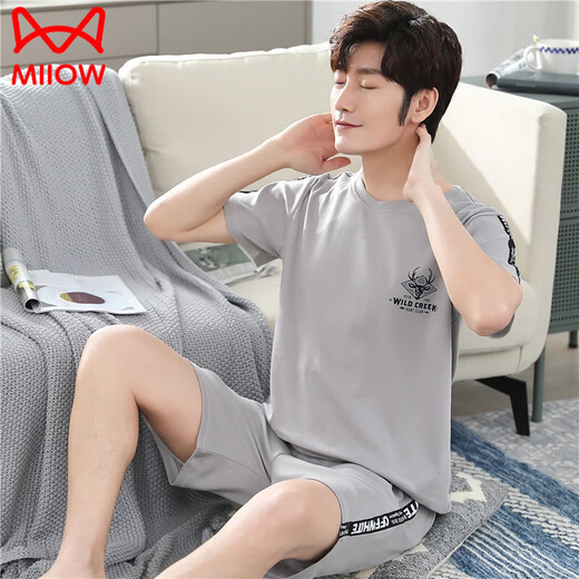 
Catman (MiiOW) pure cotton pajamas men's summer short-sleeved shorts two-piece suit new youth loose large size can be worn outside home clothes 2013 main picture model 9922 M 80-100
