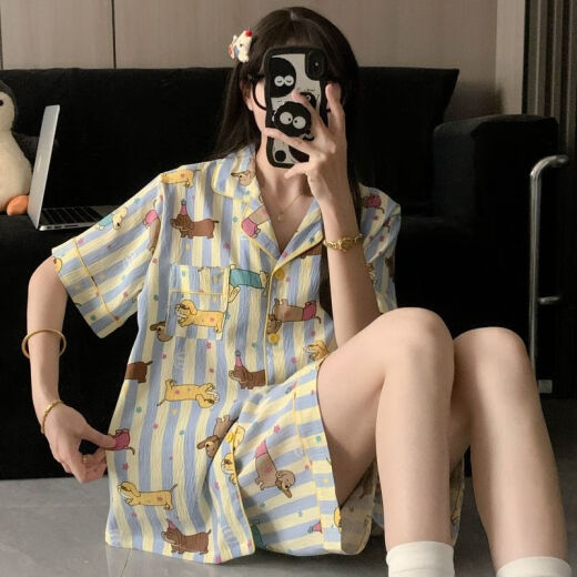另约带胸垫一体睡衣女款夏季云朵棉短袖2025新款卡通腊肠狗大码三件套 H9929 眼镜狗 没有胸垫 4XL