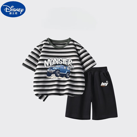 Disney boys suit summer new children's cotton t-shirt shorts suit large children's striped short-sleeved sports pants two-piece set DDB13688 gray + N11762K black 120 cm height 110-120 cm Age 6-7 years old