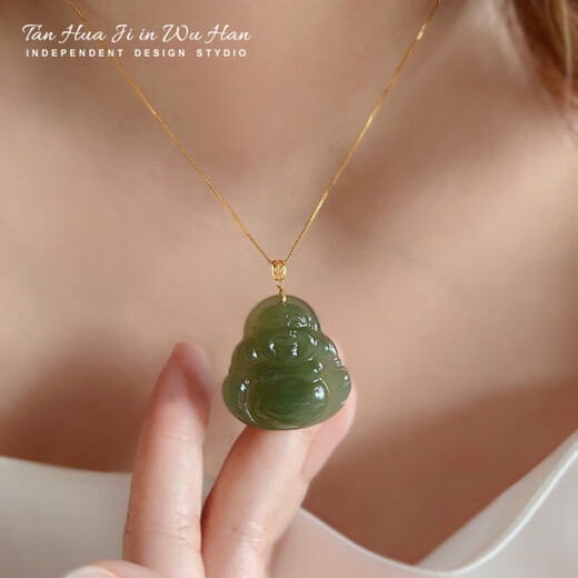 Bhiodha gold shop jade and field jade 18k gold necklace Maitreya Buddha male pendant jade jade Buddha hanging female laughing Buddha Gao Bingqing white pendant (18K gold button head) Lao Feng