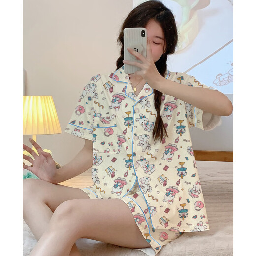 Pajama de primavera y verano de Hanrui para mujeres seda de seda de leche de dibujos animados de tres piezas ropa casera 14124 170 m