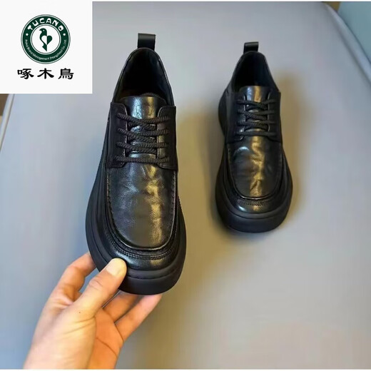 Woodpecker Leather 2025 New Spring Business Casual Leather Shoes New Trendy Versatile Thick Sole Non-Slip British Style Shoes Black 42