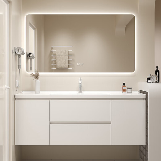 Jiumu Cream-Stil-Badezimmerschrank Kombination Leicht Luxus süßes massives Holz moderne einfache Badezimmer Waschbeamte Handwaschbewohner Schrank L719 Bodenschrank Aufbewahrungsspiegelschrank Schrank