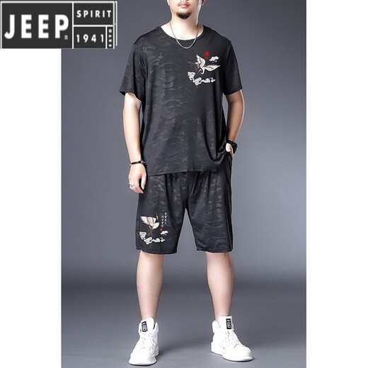 JEEP SPIRIT肥佬冰丝速干T恤男胖子加肥加大码男装夏季休闲运动短袖短裤套装 黑色9922套装 收藏加购优先发货 7XL 250-275斤