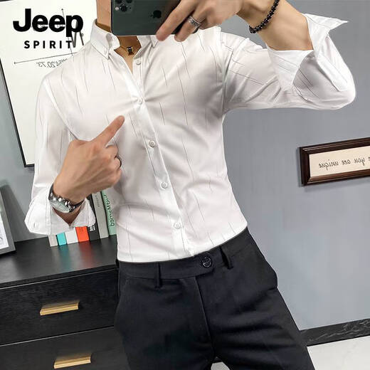 JEEP SPIRIT spring slim shirt men's new style anti-wrinkle long-sleeved striped casual white shirt business formal CS70 striped white long-sleeved M (100-115Jin Jin equals 0.5 kg)