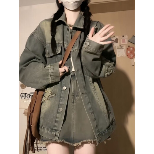 XCFreht Retro American Waschles Denim Ripped Jacke für Frauen Frühling und Herbst Lose und vielseitig neue Design Nischenjacke Top 12401 Denim Jacke M Empfohlen 95-110jin [Jin entspricht 0,5 kg]