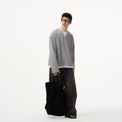 S.SOFEA niche fake two-piece collar long-sleeved shirt men's spring and autumn waffle base sweatshirt basic heavy henley shirt black XL 130-160Jin Jin equals 0.5 kg