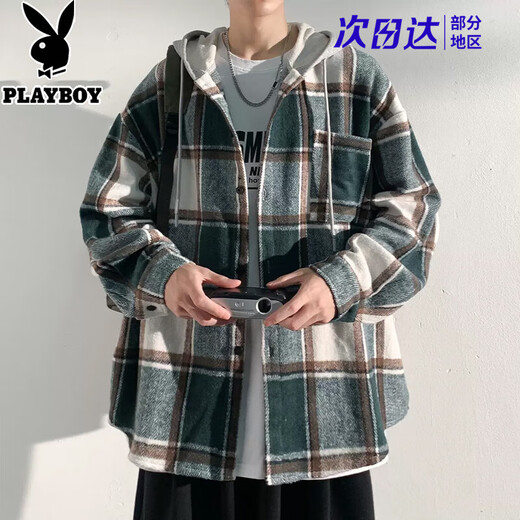 Playboy hooded men's shirt long-sleeved spring and autumn new thickened loose trendy casual plaid shirt jacket for men J25858 black plaid XL recommended 130-145Jin Jin equals 0.5 kg