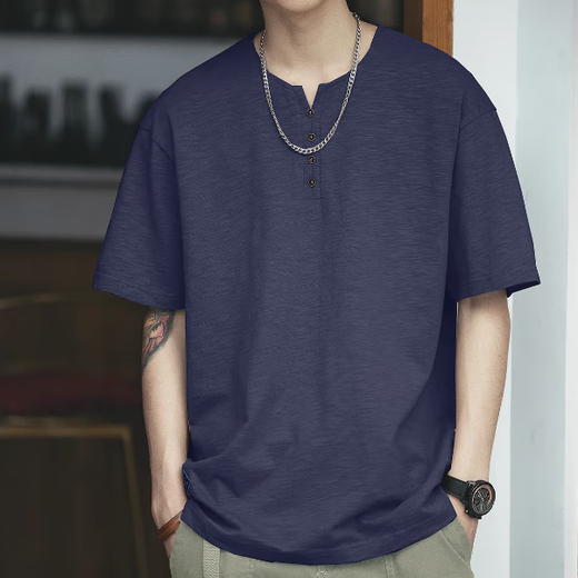 
KAZUKI KURAISHI KURAISHI Trendy Brand Henry Shirt Short Sleeve Men's Summer 2025 New versatile and fashionable simple loose casual top Dark gray XL Suitable for 145-160Jin [Jin equals 0.5 kg]