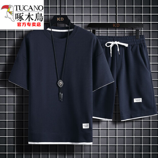 啄木鸟（TUCANO）重磅华夫格短袖T恤男夏季宽松大码运动短裤套装工作服圆领透气潮 829黑色【套装】 M 100-120斤
