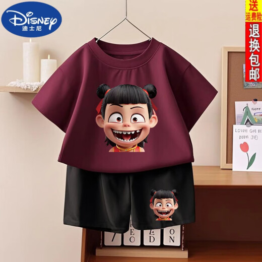 迪士尼（DISNEY）哪吒之魔童闹海男童女童纯棉短袖2025夏季新款儿童短裤套装两件套 1092#后包T酒红+小1098#黑短裤 90