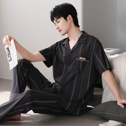 Yepan Pajamas Summer de algodón puro algodón puro Pantalones de manga corta Cardigan Algodón delgado Summer suelto de ropa de talla grande Set 5012-Dark Gray XL (175): recomendado 140-160Jin [Jin iguala 0.5 kg] para usar