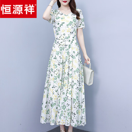 Hengyuanxiang temperament floral dress 2025 new female summer middle-aged mother slim and stylish chiffon long skirt high-end green flower (9738) 2XL (recommended 125-134 Jin Jin equals 0.5 kg)