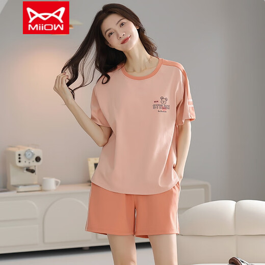 Catman (Miiow) Pure Cotton Pajama для женщин в летнем сете шорт с короткими рукавами с двумя частями сладкой весной и летней интернет-знаменитой домашней одежды 9856 хлопка с короткими рукавами (75-95Jin [Jin равняется 0,5 кг])