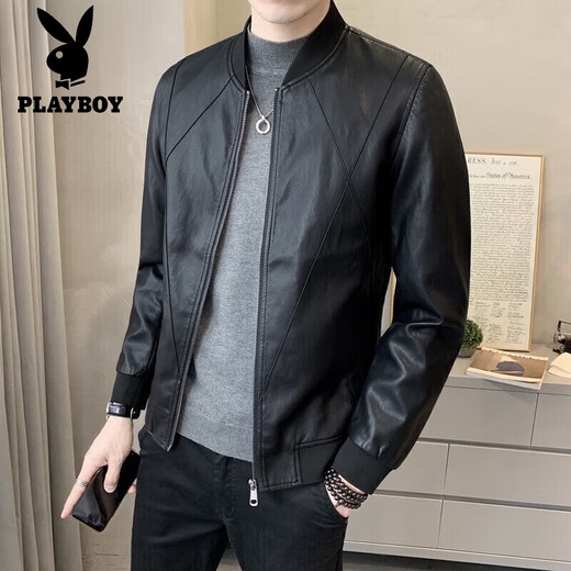 Playboy (PLAYBOY) high-end leather jacket men's spring and autumn trendy casual leather jacket short retro slim motorcycle men's leather jacket black L