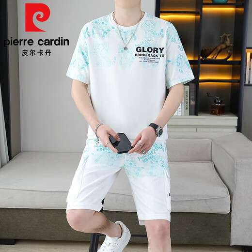 皮尔卡丹（pierre cardin）夏季新款短袖T恤套装男士百搭短裤休闲运动半截袖体恤两件套男装 6187蓝色 XL