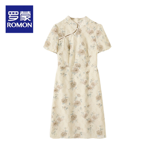 
ROMON Elegant Gold thread embroidered short-sleeved cheongsam skirt 2025 summer new style waist-hugging and slimming temperament elegant dress women's clothing 838 L