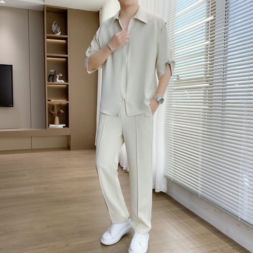 AEMAPE Fashion Whildy Shirty Summer Traje de verano para hombres Luz y guapo con pantalones delgados informales de negocios Conjunto de ropa masculina de 718 metros de blanco (mangas de siete trimestres) L Recomendado 110-130 Jin [Jin equivale a 0.5 kg]