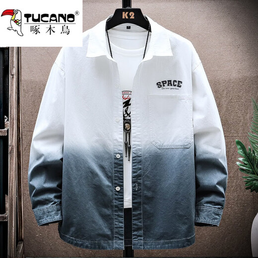 啄木鸟（TUCANO）渐变衬衫男士长袖春秋季新款潮牌免烫翻领时尚宽松休闲上衣服男装 9903白色 XL (约120~145斤可穿)