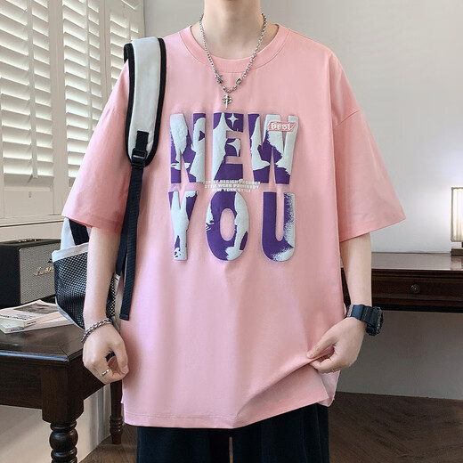 Long peach foam letter printing short-sleeved men summer casual loose five-point half-sleeved T-shirt for men youth couples T-shirt T-shirt T-shirt T-LF5012 black M about 85-110Jin [Jin equals 0.5 kg] can be worn