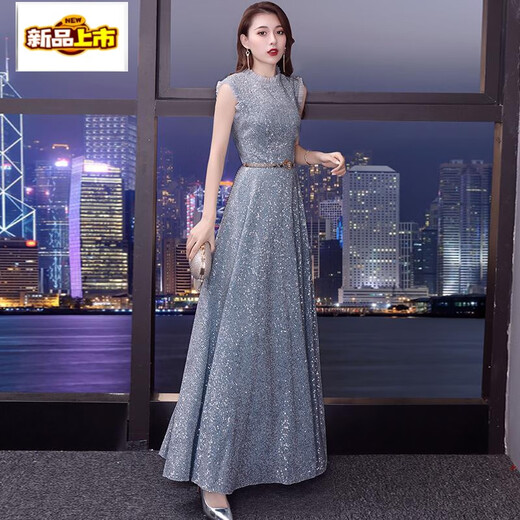 初径（CHUJING）2025新款宴会晚礼服女气场女王高贵优雅长款高端显瘦主持人礼服裙 蓝色 XL