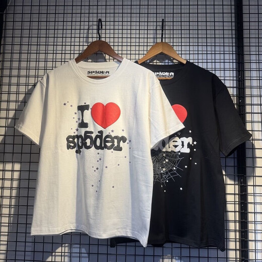 
Fadenjue American Sp5DER 555555 Summer foam spider web printing men and women couples loose casual short-sleeved T-shirt 6218# black (230g double yarn fabric) S