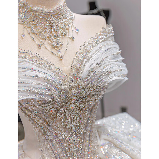 Qinchis neue weiße One-Shoulder French French High-End Hochzeitskleid Braut Hochwertige Textur entkommen Prinzessin Hauptgarn Mädchen weißes Hochzeitskleid xs Single Größe