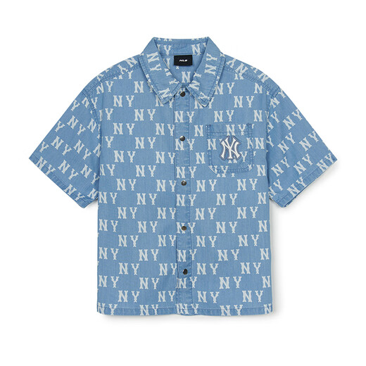 MLB Children's Official Boys and Girls Trendy Luxurious and Fashionable Lapel Full Print Presbyopic Denim Shirt Spring and Summer Style Blue 140 cm