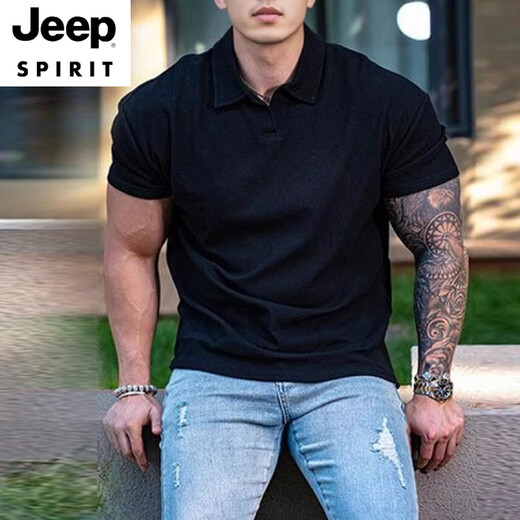 JEEP SPIRIT Summer Cuff Fitness Short Sleeve Men's Muscle Showing Sports T-shirt POLO. Shirt Henry Large Lapel Elastic Training Button Black L Recommended 155 Jin [Jin equals 0.5 kg]