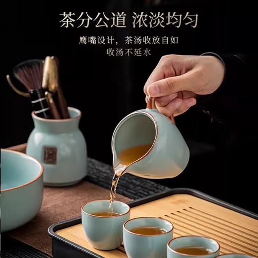 Ru kiln kung fu tea set high-end tea making azure teapot tea cup home office tea making 12 head azure Ru kiln Xishi teapot
