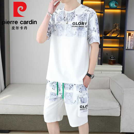 皮尔卡丹（pierre cardin）夏季新款短袖T恤套装男士百搭短裤休闲运动半截袖体恤两件套男装 6187蓝色 XL