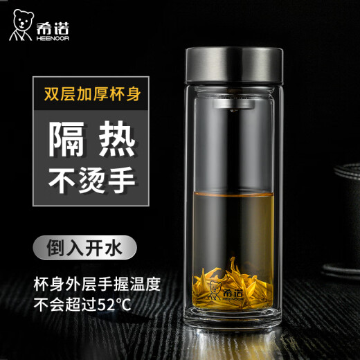 希诺（HEENOOR）玻璃杯双层隔热高硼硅杯子家用喝水男女便携车载水杯商务茶杯 E-6636-深蓝--礼盒装400ml