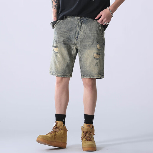 Pushui Fangfang Summer Thin Denim Shorts Мужские модные ретро, промытые пять кубических брюк.