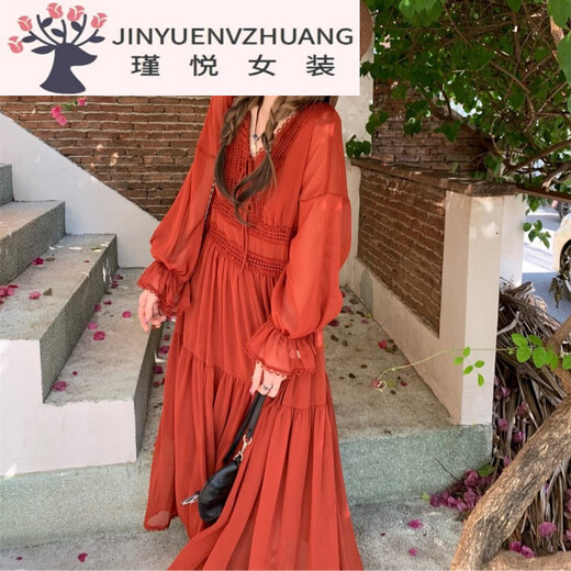 魁熙大码法式复古深V绑带连衣裙收腰蕾丝花边长裙长袖显瘦红色茶歇裙 3527楼兰女孩长裙 L 大