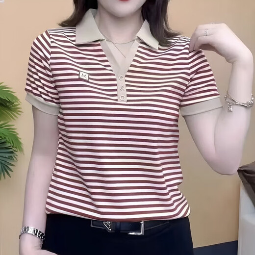 皮尔卡丹2025夏季新款时尚妈妈翻领条纹短袖T恤女polo衫休闲宽松百搭体恤 9928咖色 M 85-100斤