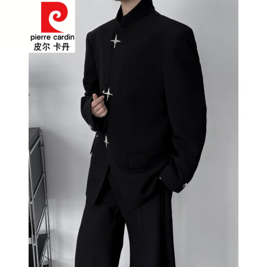 皮尔卡丹（pierre cardin）针织新中式男装黑色垫肩西装外套男痞帅国风中山装西服夹克 黑色 XL