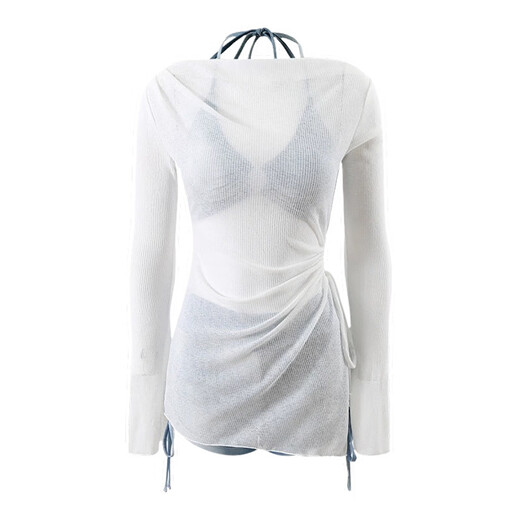 Qiaoyi bikini women's swimsuit new seaside hot spring sexy retro denim long-sleeved blouse split vacation swimsuit light blue blouse three-piece set 80Jin Jin equals 0.5kg -120Jin Jin equals 0.5kg