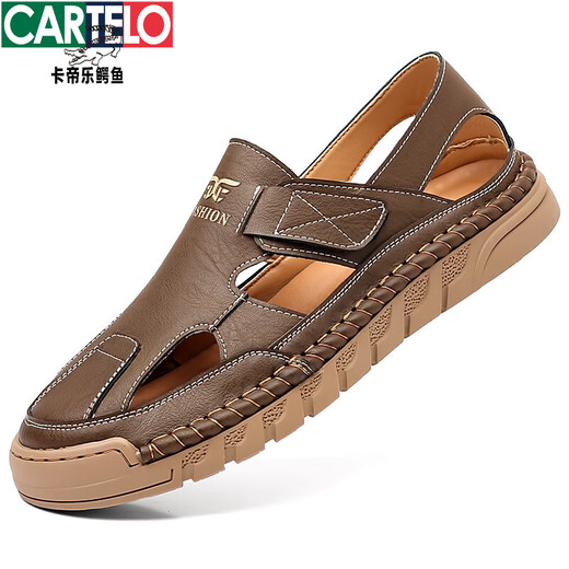 Katile Crocodile Sandals Men's Summer New Style Bottle Toe à l'extérieur des chaussures de plage Gétille en cuir creux Sandales en cuir masculin confortables et résistantes à l'usure [Même modèle dans le centre commercial] 9197 Brown 41