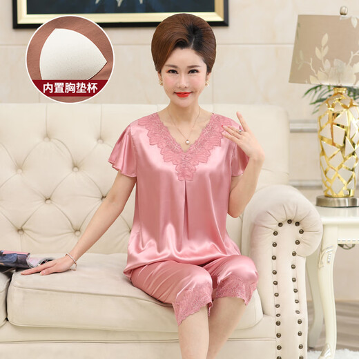 Pijamas modales de verano para madres de mediana edad con protectores para los senos, conjunto de ropa para el hogar de seda de hielo de manga corta fina de seda simulada de verano para mujeres para personas de mediana edad y mayores AYM684 Silver M sin protectores para los senos