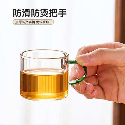 Six-color tea cup with cup holder, thickened heat-resistant glass tea cup and water cup with handle, Kung Fu tea set, tea storage, six-color tea cup (6 pieces) + bamboo cup holder 100ml