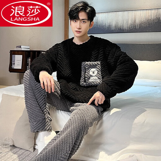 Langsha Coral Fleeme Pajamas Мужская осень и зима плюс флисовая утолщенная теплое подростка для мальчиков фланелевая домашняя одежда набор 3882 Письмо перьев мужской стиль L